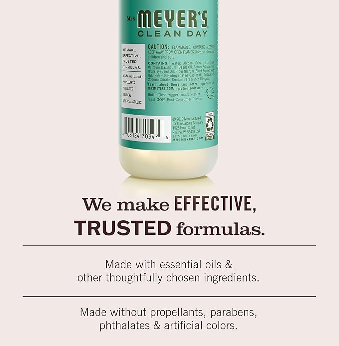 MRS. MEYER'S CLEAN DAY Room and Air Freshener Spray, Non-Aerosol Spray Bottle Infused with Essential Oils, Basil, 8 fl. oz