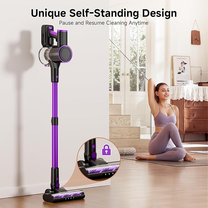 Honki Cordless Vacuum Cleaner, 500W/40Kpa Vacuum Cleaners for Home, Stick Vacuum Cordless with LED Display, Anti-Tangle & Wall Mount, 8 in 1 Lightweight Vacuum for Hard Floors Pet Hair(Purple)