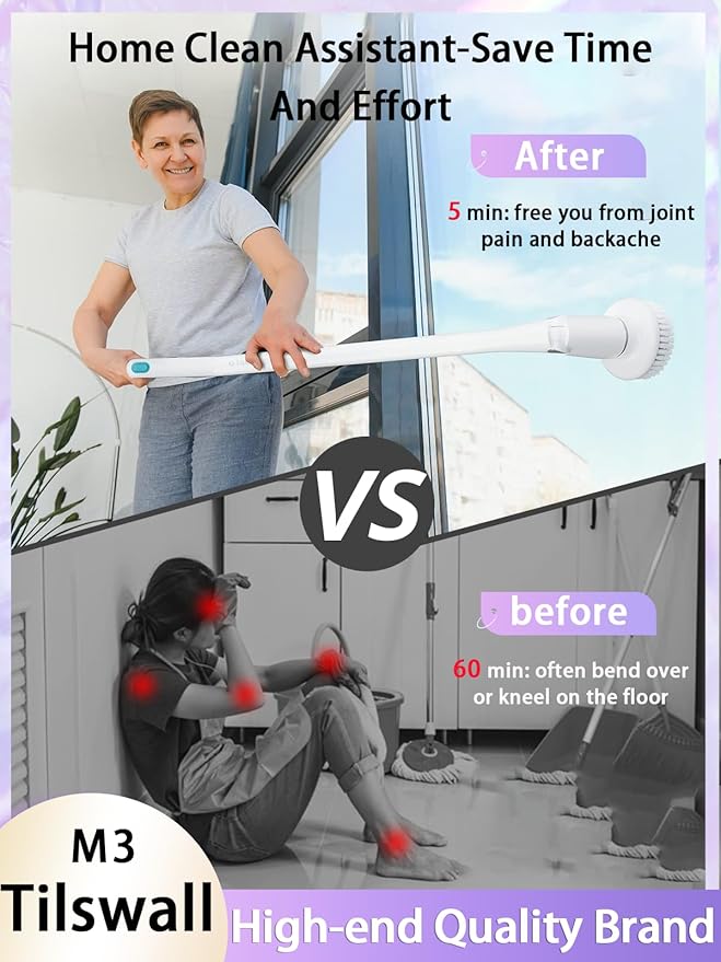 Tilswall Cordless Electric Spin Scrubber - Powered Shower & Tile Cleaning Brush with Detachable Handle, 2-Speed Modes & Extra Battery, for Bathroom Tub/Glass/Car Windows