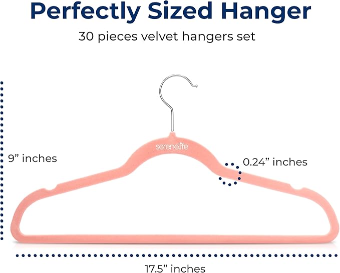 SereneLife 30 Pack Velvet Hangers – Non-Slip Clothes Hangers with Heavy Duty Design, Slim Space-Saving Coat Hangers with 360° Swivel Hook, Strong Lightweight Closet Organizer Set for Clothes (Pink)
