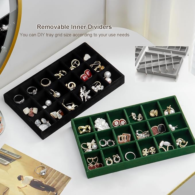 SPAKOWN Jewelry Drawer Organizer Inserts Set of 9, Jewelry Trays for Drawers Velvet Jewelry Organizer Tray Drawer Jewelry Organizers and Storage for Earring Ring Necklace Watch Bracelet (Black)