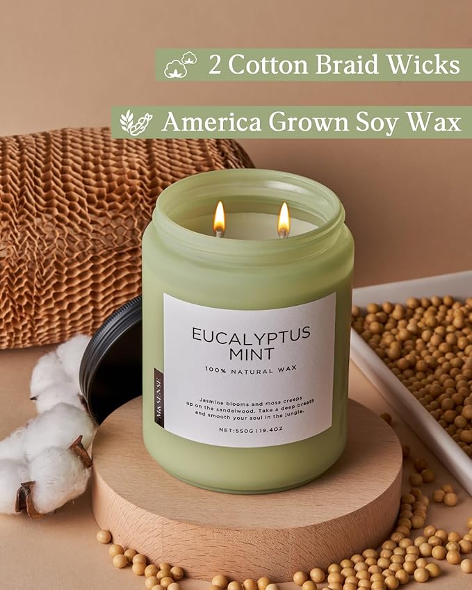 M&SENSE Eucalyptus & Mint Candles Home Scented, Natural Non Toxic Soy Candle, 19.4oz 110H Long Lasting Aromatherapy Candle for Stress Relief, Meditation, Spa, Relaxing Gifts for Men Women