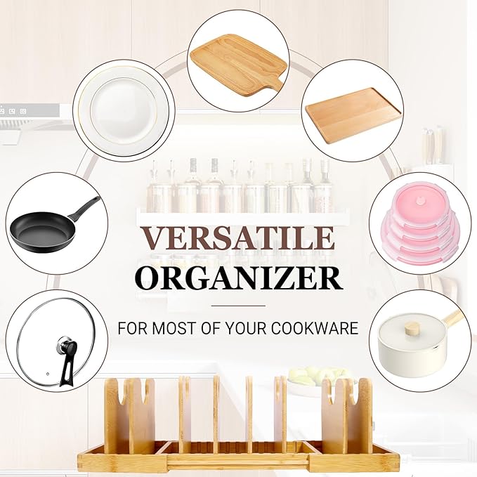 Bambition Bamboo Pot Lid Organizer, Pots and Pans Organizer Inside Cabinet, Pot Lids holder for Kitchen Countertop