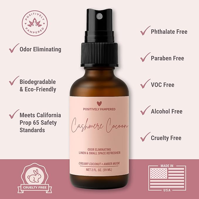 Cashmere Cocoon Luxury Small Space Air & Linen Freshener Spray - Creamy Coconut + Amber Musk - Artisan Blended Home Fragrance - Non Toxic Odor Eliminator - 2 oz Travel Size Room Spray