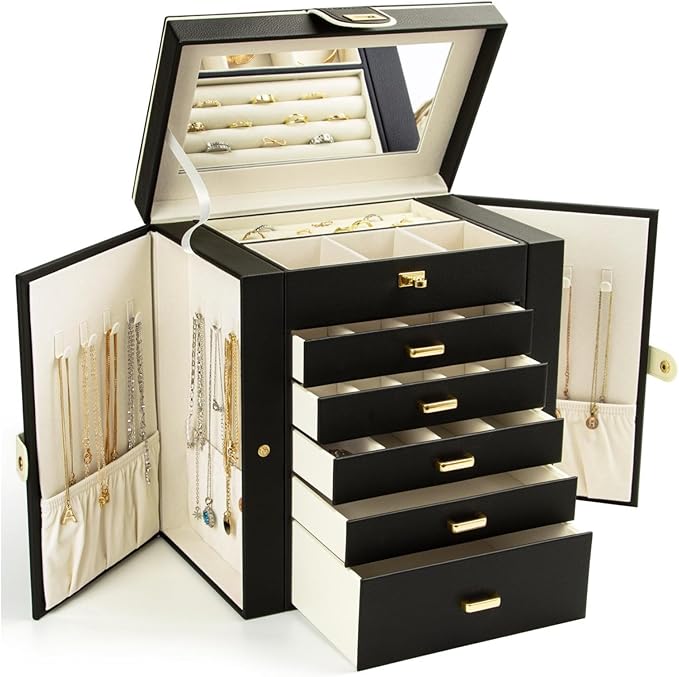 KAMIER Jewelry Box for Women, 6-Layer Large Jewelry Organizer Box with Mirror & 5 Drawers for Rings, Earrings, Necklaces, Bracelets,Black