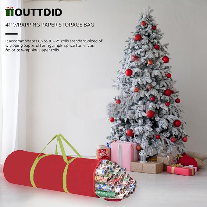 OUTTDID Christmas Wrapping Paper Organizer Storage, 41" Gift Wrapping Paper Storage Containers, 600D Oxford Fabric Gift Wrap Paper Holder Fits 18-25 Rolls, with Handles and Zippered, Red