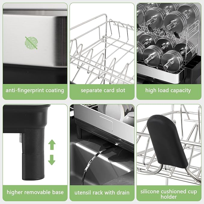 Gugxiom 2 Tier Dish Drying Rack, 304 Stainless Steel Dish Drainer for Kitchen Counter, Extra Large Dish Rack with 360° Rotatable Drain Spout & Cup Holder