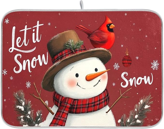 Winter Snowman Let it Snow Dish Drying Mat for Kitchen Countertop 16x18 Christmas Red Birds Snowflake Xmas Small Drying Mat Reusable Quick Dry Dish Sink Mats Easy Clean Decorative Essentials