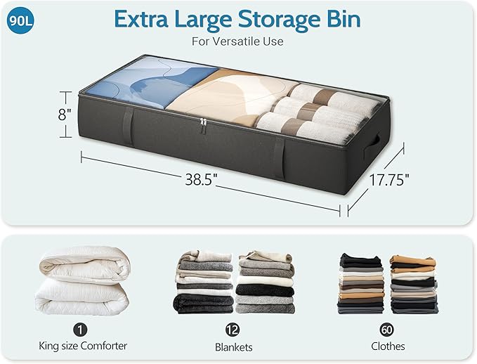 TidyCorner 2-Pack Under Bed Storage Containers, 8 Inches Tall Underbed Clothes Storage Organizer Bin with Sturdy Sidewalls/Bottom, Under the Bed Storage Bags 2 Storage Bins, Black