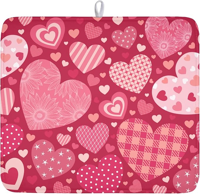 ABSOP Valentine's Day Dish Drying Mat 16 x 18 Inch Heart Shaped Pattern Dish Drying Pad Absorbent Microfiber Mats for Red Dish Rack Pad for Kitchen Counter Coffee Bar Decor