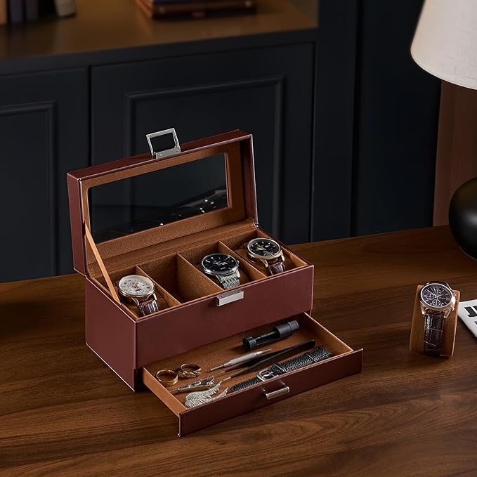 ProCase Watch Case, 4 Slot Mens Watch Box Holder Organizer with Glass Lid, 2-Layer Watches Display Case, Mens Jewelry Box with Drawer, Birthday Valentine Gifts for Men Women -4 Slot, Espresso