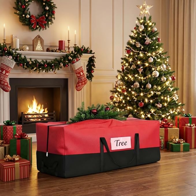 PLTCAT Christmas Tree Storage Bag Fits Up 10-12 Ft Tall Artificial Trees-Heavy Duty Holiday Storage Box Durable Reinforced H les Zipper Transparent Pocket- 600D Oxford Tree Storage Container Red