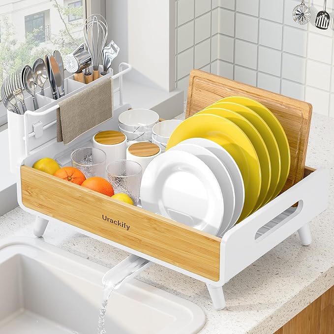 Urackify Dish Drying Rack for Kitchen Counter – Stainless Steel & Bamboo Dish Rack, Drying Rack Kitchen with Large Removable Utensil Holder, Dish Drainer with Auto-Drain Drainboard, White