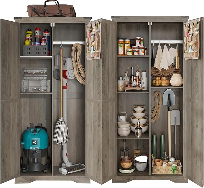 Set of 2 Farmhouse Rustic Grey Storage Cabinet with Adjustable Shelves, Large Pantry Organize with 2 Barn Doors, Tall Freestanding Cabinet for Kitchen, Bathroom, Garage, Living, Utility Room