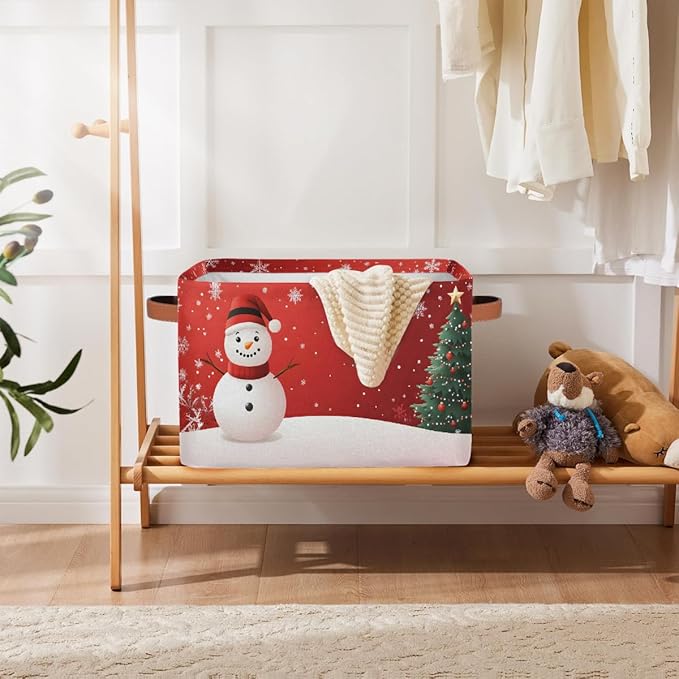 Storage Baskets Bin, Christmas Winter Snowman Collapsible Canvas Fabric Storage Bin Decorative Baskets Toy Organizer Rectangle Storage Boxes with Handles for Home Shelves Nursery, J-012