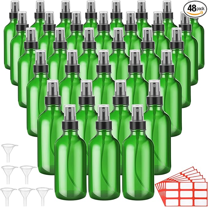 Fumete 36 Pcs Glass Spray Bottles 4oz Fine Mist Glass Spray Bottle Refillable Liquid Containers with 6 Labels 6 Funnel for Hair Travel Plants Cleaning Solutions Skin Care(Green,Classic)