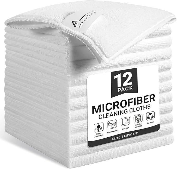 Microfiber Cleaning Cloth, 12 Pack Lint-Free and Highly Absorbent Rags, White Reusable Microfiber Towels for Car, Kitchen, Bathroom and Household Cleaning Supplies, 11.8"X11.8"