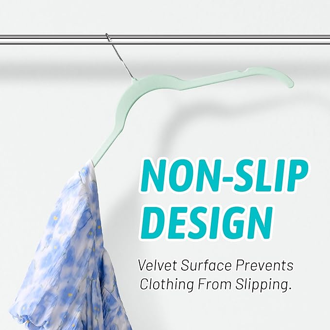 Sishynio Velvet Hangers 50 Pack – Slim Non-Slip Flocked Hangers with Notches, Space-Saving Closet Organizer for Dresses, Blouses, Coats(Green)