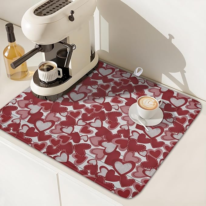 Valentines Day Dish Drying Mat for Kitchen Counter 18x16 Inch Love Drying Mat with Absorbent Reversible Microfiber Red Grey Heart Dish Drainer Mats Rack Pad for Coffee Countertop Protector