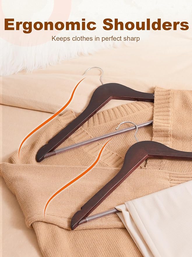 HOUSE DAY Cherry Wooden Hangers 30 Pack, Solid Wood Hanger with Non Slip Pant Bar, Heavy Duty Wooden Coat Hanger for Closet, Smooth Finish Wood Clothes Hangers for Shirts, Suits, Jackets, Dress