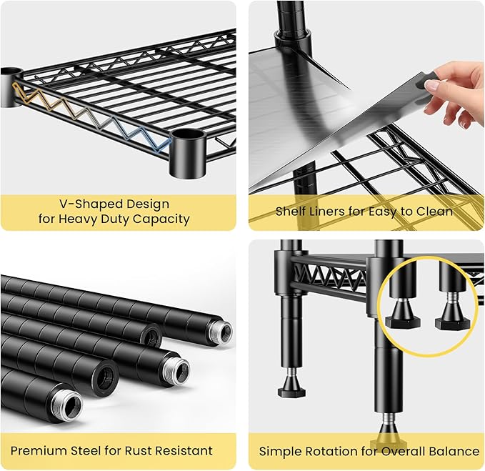 RackBro 72" H Storage Shelves 5 Tier Wire Shelving with Shelf Liners, Adjustable Metal Garage Shelving, 1325LBS Heavy Duty Commercial Storage Rack for Pantry Kitchen, 35" W x 16" D x 72" H, Black