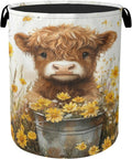 Cute Highland Cow Flower Foldable Canvas Laundry Basket with Handles - Storage Organizer, Heavy Duty for Home，Bedroom, Dorm, Bathroom