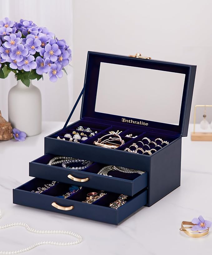 Jewelry Box with 2 Drawers: Display Organizer for Earrings Necklaces - Gifts for Girls Women (Dark Blue)