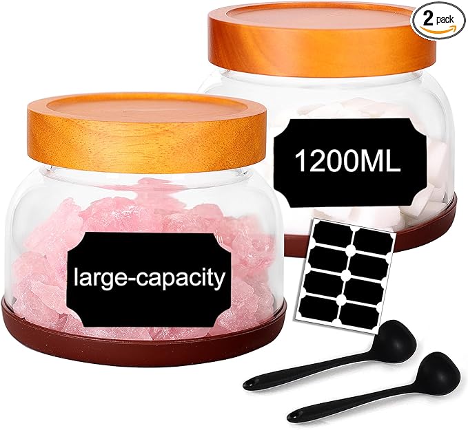 SAIOOL 2-Pack Striped Borosilicate Glass Airtight Canisters - Big mouth Large Capacity, Acacia Wood Lid, Food Storage Jars for Flour, Pasta, Pantry Organization (1200ml Gallon （Strew 2 pack）)