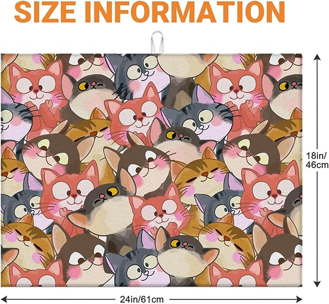 Dish Drying Mat For Kitchen Counter, Colorful Cute Cat Microfiber Absorbent Dish Drainer Rack Pad Reusable Large 18x24in Drying Mat