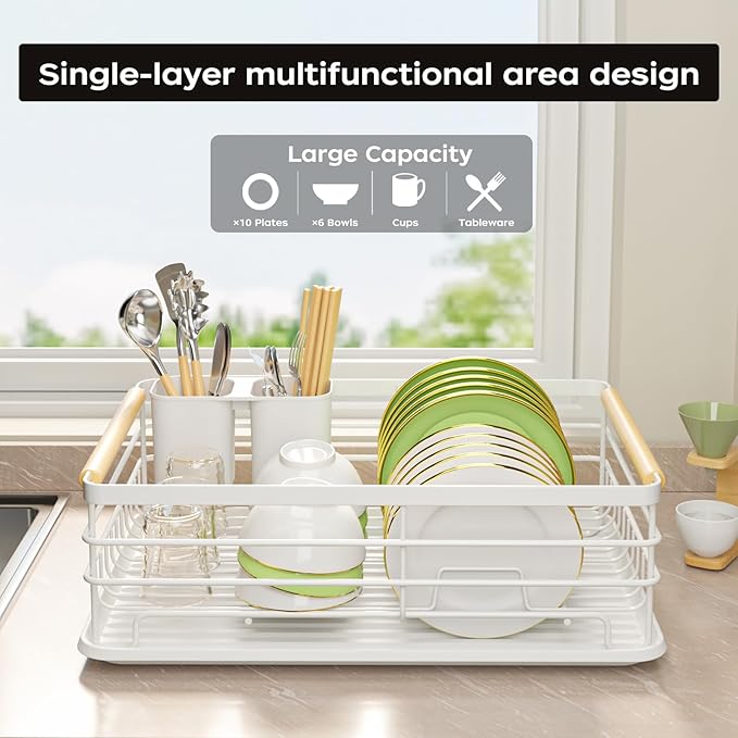 jouzevic Dish Racks for Kitchen Counter: Wooden Handles, Thickened Metal, No Assembly. Small Dish Drying Rack: Ideal for Small Households. Drying Rack Kitchen: White