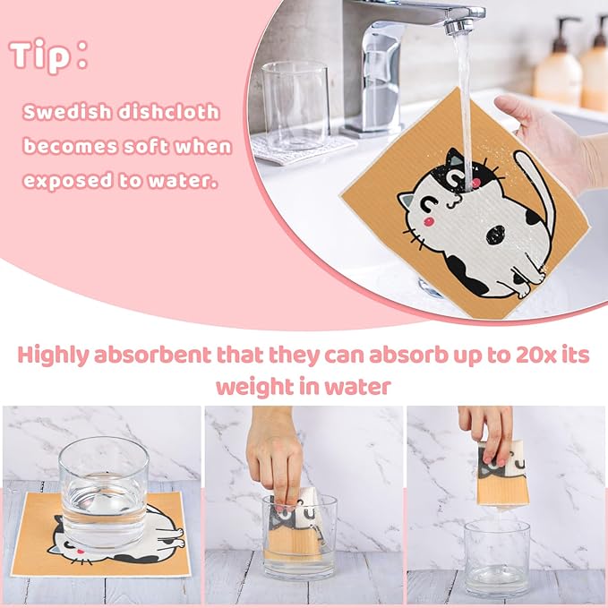 Needbrock 6 Pack Swedish Dishcloths for Kitchen, Swedish Rags Absorbent Cat Dish Cloths Dish Towels with Adhesive Clips, Reusable Paper Towels No Odor for Cleaning Kitchen Valentines Gifts for Women