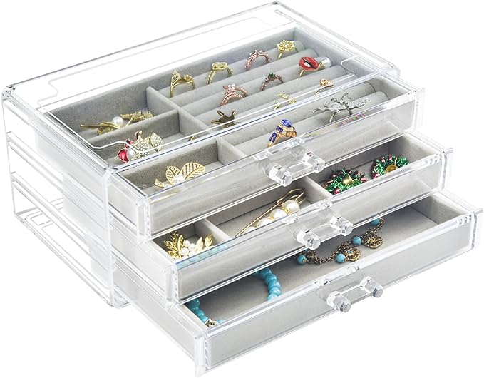 Weiai Acrylic Jewelry Box 3 Drawers, Velvet Jewellery Organizer, Earring Rings Necklaces Bracelets Display Case Gift for Women, Girls