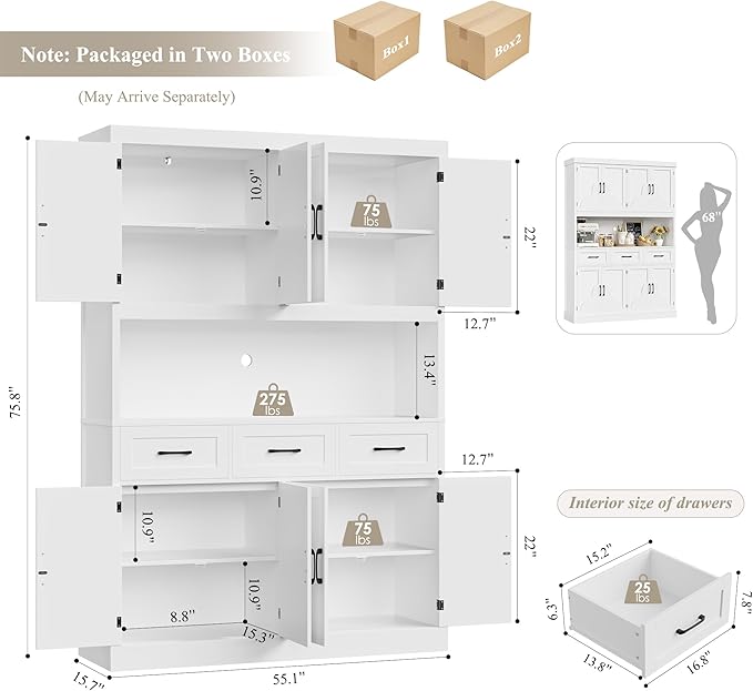 HITHOS 76" Tall Kitchen Pantry Storage Cabinet, 55“ Wide Kitchen Hutch Cabinet with Storage Drawers, Large Food Pantry with Microwave Stand, Modern Cupboard with Hutch for Dining Living Room, White