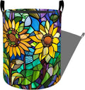 Stained Glass Style Sunflower Art Laundry Basket with Handles, 19.7"x15.7" Clothes Foldable Laundry Hamper Organizer for Dorm Nursery Bedroom Bathroom Decor, Toy Storage Bin for Kids