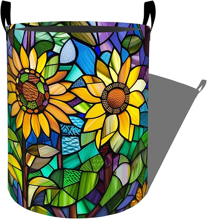 Stained Glass Style Sunflower Art Laundry Basket with Handles, 19.7"x15.7" Clothes Foldable Laundry Hamper Organizer for Dorm Nursery Bedroom Bathroom Decor, Toy Storage Bin for Kids