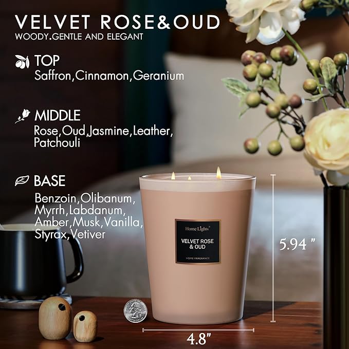 HomeLights Scented Candles | Large Jar Candle-33.3 Oz. Natural Soy Aromatherapy Candles | Up to 130 Hours Burn Time with 3 Cotton Wicks, Home Decorative Fragrance Candles Gift - Velvet Rose Oud