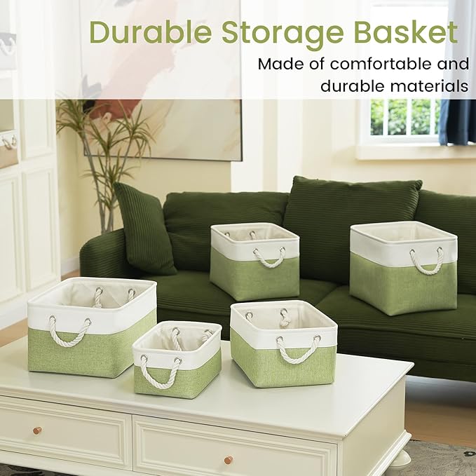 Large Storage Baskets- 15x11x10 inch Storage Bins for Shelves and Closet Organizing, Foldable Fabric Bin for Home Organization Clothes and Laundry (6-Pack, White&Green)