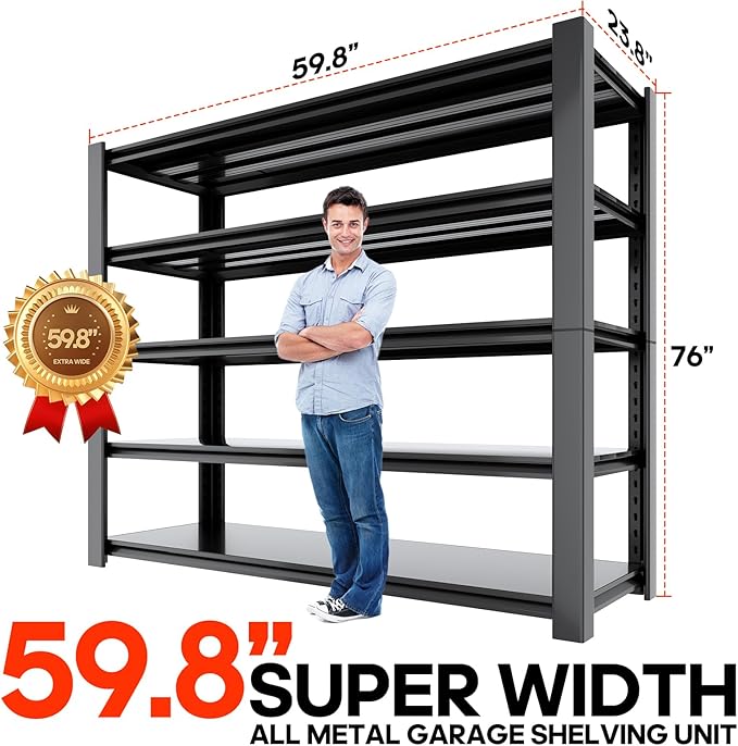 WOZBUD Heavy Duty 5-Tier Garage Storage Shelving Unit, Boltless Metal Rack for Garage Organization, Adjustable Freestanding Steel Shelf, Black, 76H x 60W x 24D