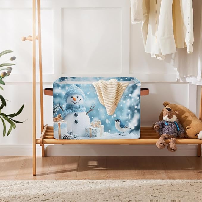 Storage Baskets Bin, Christmas Winter Snowman Collapsible Canvas Fabric Storage Bin Decorative Baskets Toy Organizer Rectangle Storage Boxes with Handles for Home Shelves Nursery, J-016