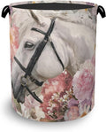 Horse Laundry Hamper,Pink Flowers Dirty Clothes Laundry Basket with Handles Waterproof Oxford Cloth Storage Basket for College Dorms Bathroom Bedroom 16" x 20.8"