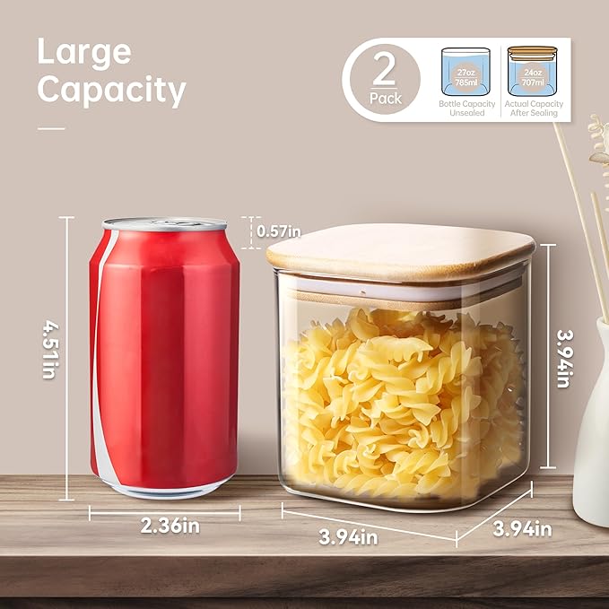 HomArtist Square Glass Jars with Bamboo Lids 27 FL OZ [Set of 6], Glass Canisters with Airtight Lids, Glass Food Storage Containers for Coffee, Sugar, Tea, Candies, Cookies,Best for Kitchen & Pantry