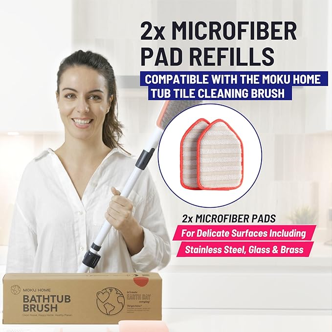 Moku Home Replacement Microfiber Pad for Moku Home Extendable Tub Tile Shower Scrubber for Cleaning Non-Scratch (2X Microfiber Pad Red)