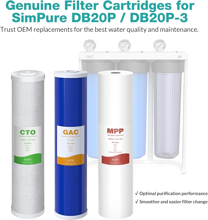 SimPure Whole House Water Filter Cartridges 5 Micron 20" x 4.5" PP+GAC+CTO 3-Stage Sediment and Carbon Filter Set, for DB20P-3, DGD-5005-20, GAC-20BB, FC25B, 2 Sets