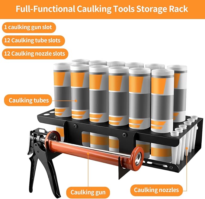 Fardtry 12 Slots Caulking Gun and Tubes Holder, Wall Mount Caulk Tubes Storage Rack, Metal Caulking Tools Organizer for Garage, Workshop, Work Van