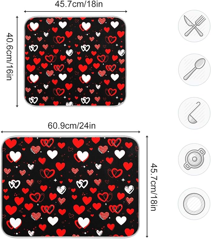 Black Love Heart Dish Drying Mat for Kitchen Countertop 18x24 Happy Valentine's Day Large Drying Mat Reusable Quick Dry Dish Sink Mats Easy Clean Decorative Essentials