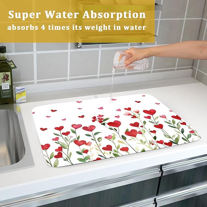 Valentines Day Dish Drying Mat for Kitchen Counter 24x18 Inch Green Red Heart Drying Mat with Absorbent Reversible Microfiber Holiday Love Dish Drainer Mats Rack Pad for Coffee Countertop Protector