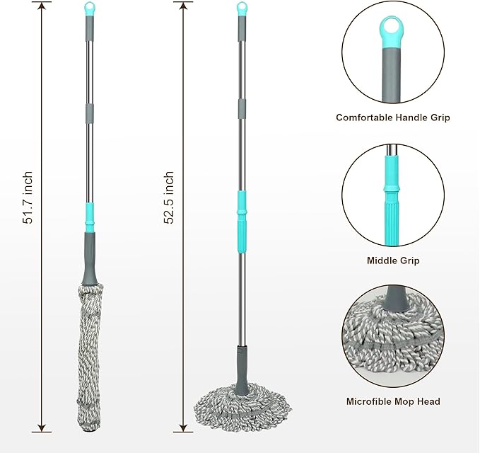 Kickleen Self Wringing Mop - Easy Squeeze Twist Mop with 52.5 Inch Long Handle, Heavy Duty for Hardwood, Tile, Vinyl & Laminate Floors (Gray)