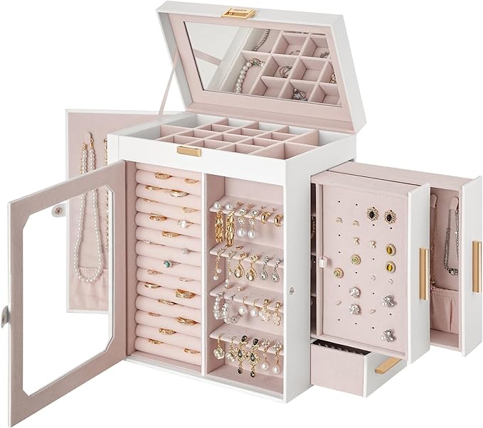 HOOBRO Jewelry Box with Mirror, Travel Jewelry Organizer with Glass Window, Jewelry Storage Case, Vertical Storage, Gift for Loved Ones, for Earrings, Rings, Necklaces, Bracelets, White WT03JB04G2