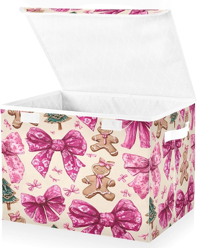 Bolaz Storage Bins with Lids and Handles,Cookie Bow Christmas Tree Pattern Storage Box Basket with Cover Collapsible Organizer Containers for Home Closet, Shelves