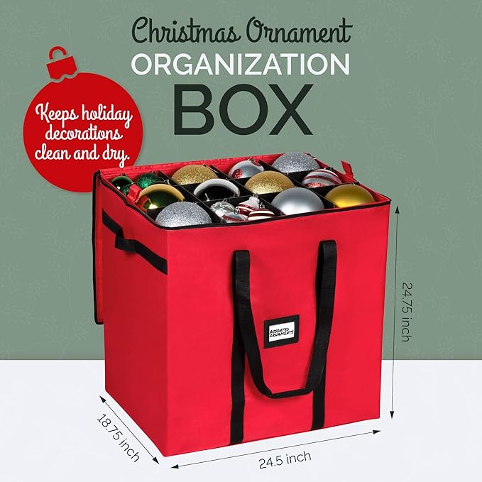 Christmas Extra Large Ornament Storage Container - Box Stores Up to 48 – 6” Ornaments – With 4 Individual Trays -Heavy Duty 600D Tear Resistant Material, Zippered, Adjustable Dividers.